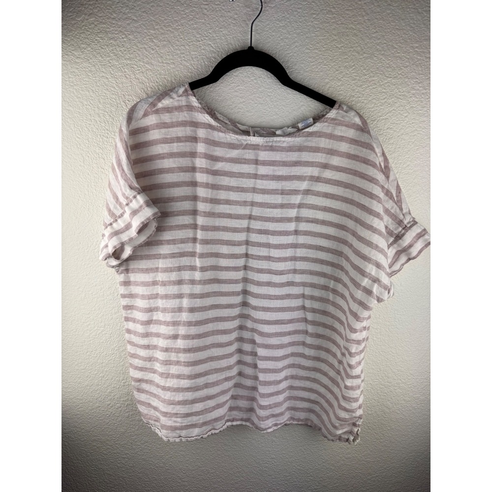 Sigrid Olsen Women Stripe 100%‎ Linen Button Back Short Sleeve Top Size L Boho